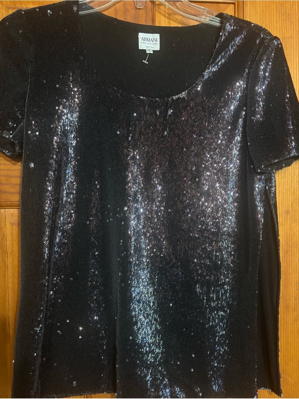 Armani Collezioni Black Sequin Short Sleeve Scoop Neck Top